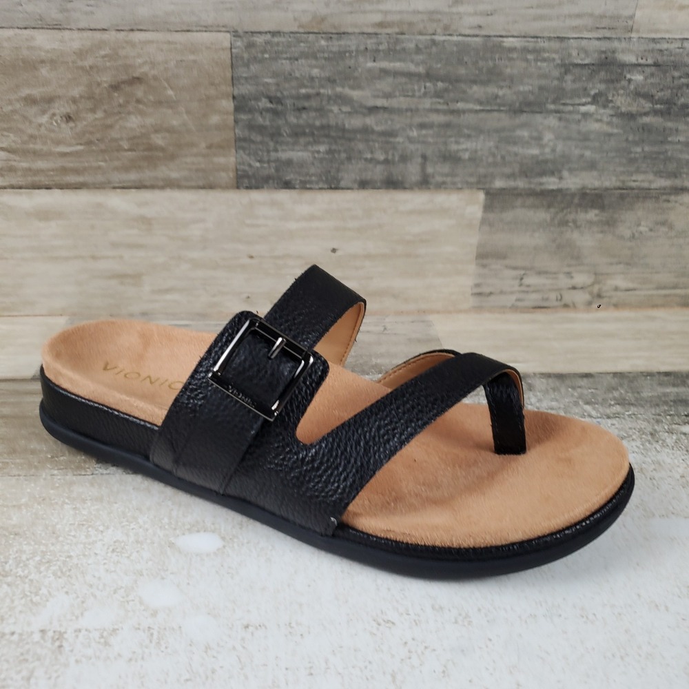 Vionic Carmela Womens Strappy Slide Sandals Sz 9 M Black Leather Toe Post Loop